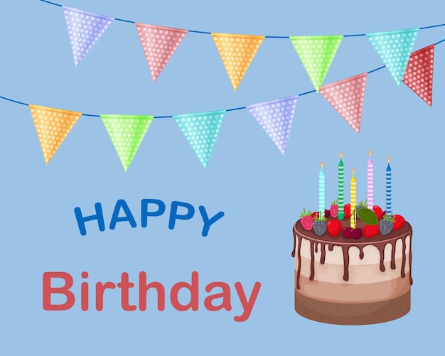 Feliz cumpleaños Una tarjeta navideña brillante Una tarjeta de felicitación con la imagen de banderas coloridas y la inscripción feliz cumpleaños y un gran pastel Ilustración vectorial