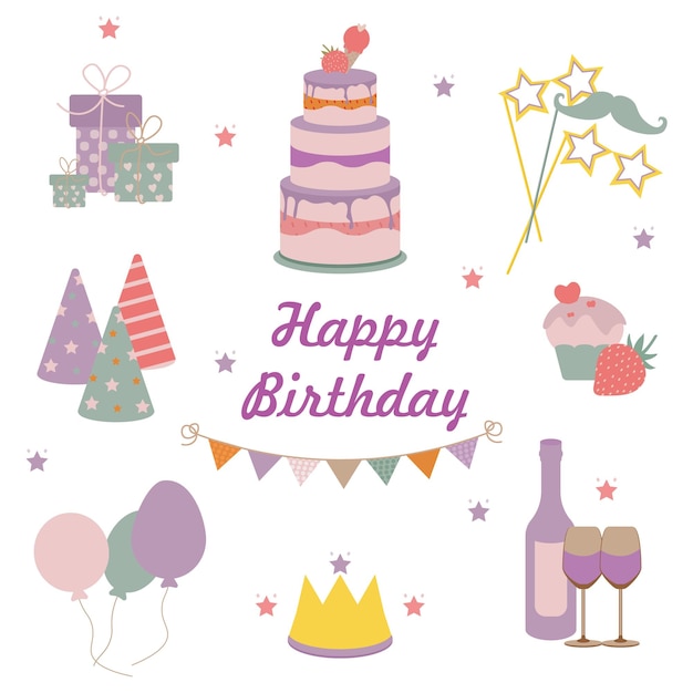 Feliz cumpleaños tarjeta vacaciones elementos pastel globos regalos decoracionesxA