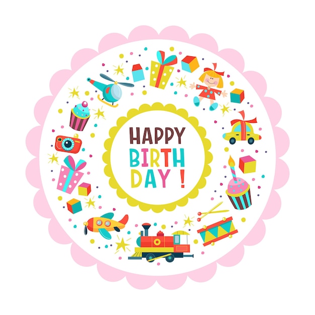 Feliz cumpleaños. Tarjetas de felicitaciones. Conjunto de imágenes prediseñadas vectoriales orientadas en círculo. Juguetes, regalos, pasteles con velas, confeti.