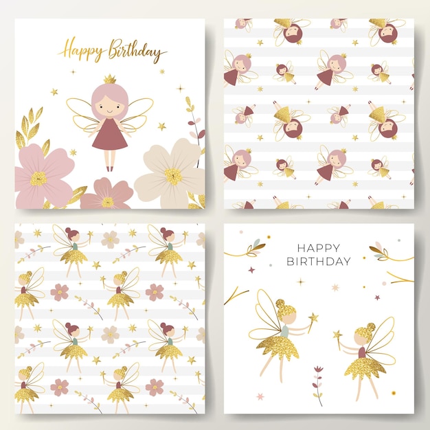 Feliz cumpleaños tarjetas y patrones sin costuras con hadas lindas flores estrellas doradas fondos suaves