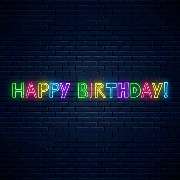 Feliz cumpleaños texto lindo neón brillante. Símbolo de inscripción cómica de celebración de cumpleaños en estilo neón.
