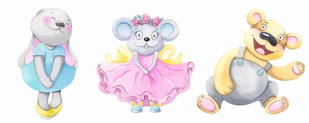 Feliz cumpleaños a ti Conjunto de lindos personajes de dibujos animados Tarjeta de cumpleaños diseño plano Plantilla de tarjeta de felicitación para niños Acuarela