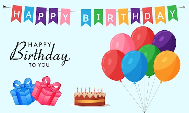 Feliz cumpleaños tipografía con un montón de globos pastel y caja de regalos