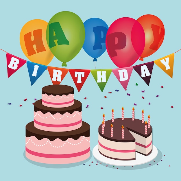 Feliz cumpleaños tortas globos guirnalda confeti