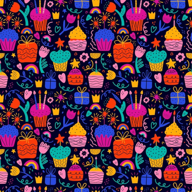Feliz cumpleaños vector abstracto de patrones sin fisuras Formas coloridas y elementos sobre fondo negro Bday pastel regalo flores corazón corona estrellas puntos Ilustración moderna dibujada a mano en estilo pop art