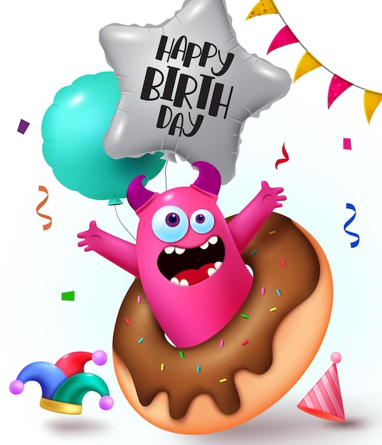 Feliz cumpleaños vector diseño Monster fiesta de cumpleaños saludo texto con divertido y lindo monstruo