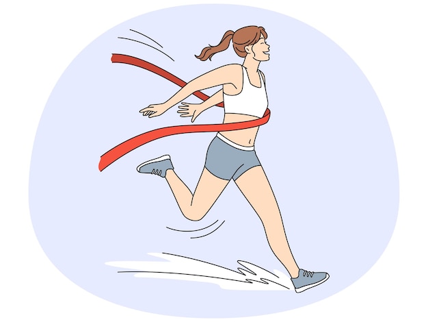 Feliz deportista en carrera uniforme termina primero en la carrera Atleta femenina sonriente gana en competencia Ilustración de vector de deporte y liderazgo