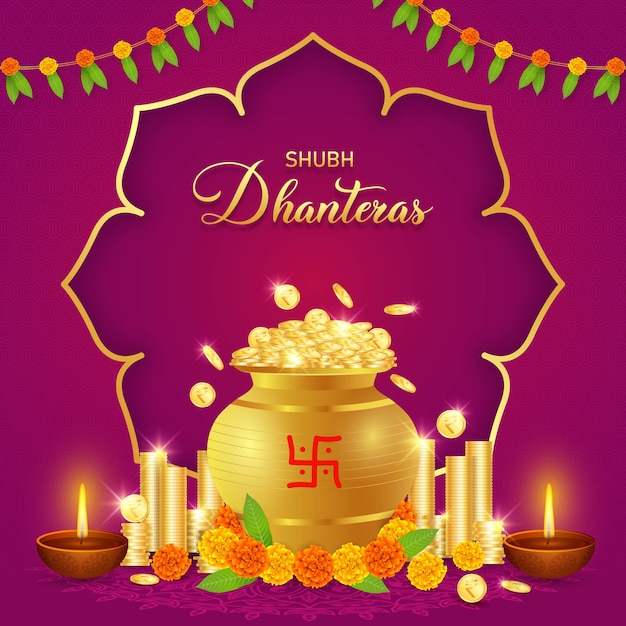 Feliz Dhanteras, Diwali, moneda de oro Kalash, diosa Laxmi puja, riqueza, prosperidad