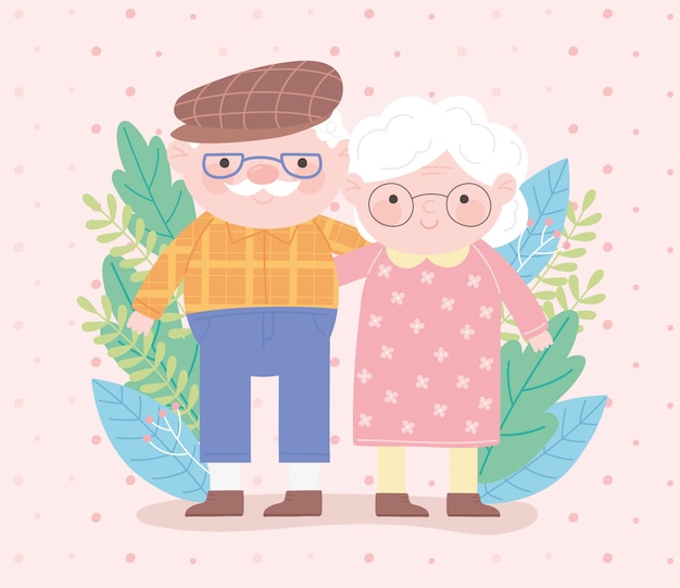 Feliz día de los abuelos, pareja de ancianos con gafas y deja la tarjeta de dibujos animados de personaje de naturaleza