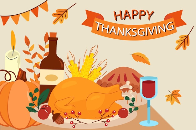 Feliz Día de Acción de Gracias Alimentos La temporada de otoño La ilustración plana