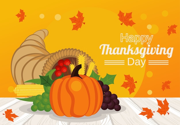 Feliz día de acción de gracias con calabaza en cuerno y frutas.