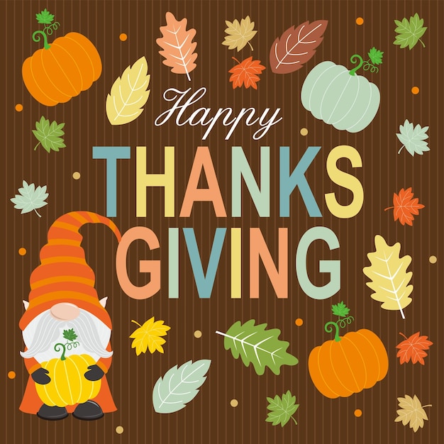 Feliz día de Acción de Gracias con calabaza gnome y hojas de arce