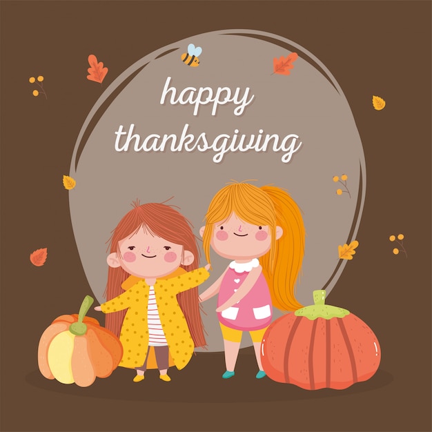 Feliz día de acción de gracias chicas lindas con grandes calabazas