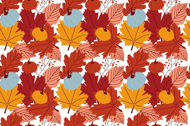 Feliz día de Acción de Gracias concepto festivo de patrones sin fisuras con hojas de otoño y calabazas
