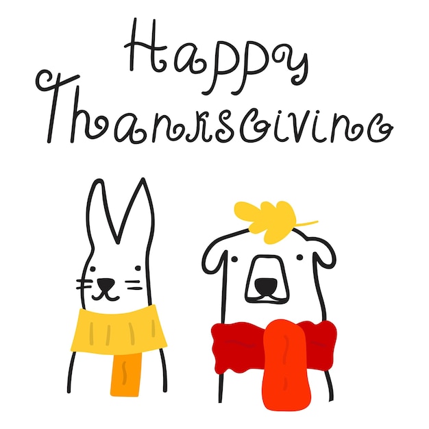 Feliz día de acción de gracias Un conejo y un perro con bufandas Ilustración de contorno vectorial Diseño gráfico Lo mejor para tarjetas de felicitación