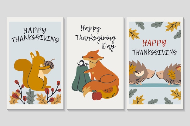 Feliz día de Acción de Gracias conjunto de carteles en diseño de dibujos animados plano Tres carteles representan animales lindos