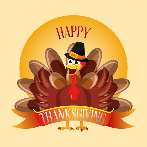 Feliz día de acción de gracias con dibujos animados de pavo con sombrero, tarjeta thanskgiving