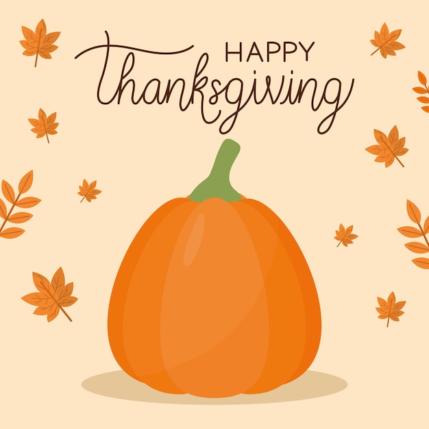Feliz día de acción de gracias con diseño de calabaza y hojas, temporada de otoño