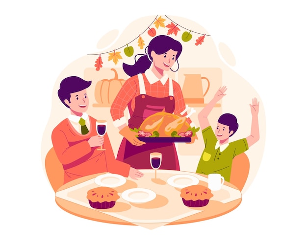 Feliz Día de Acción de Gracias Con la familia cenando juntos alrededor de la mesa