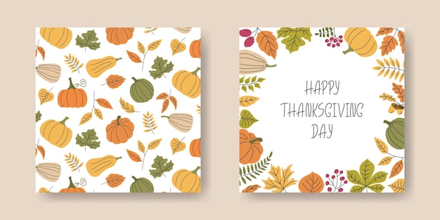Feliz día de Acción de Gracias fondo calabazas hojas letras a mano vacaciones de otoño ilustración linda