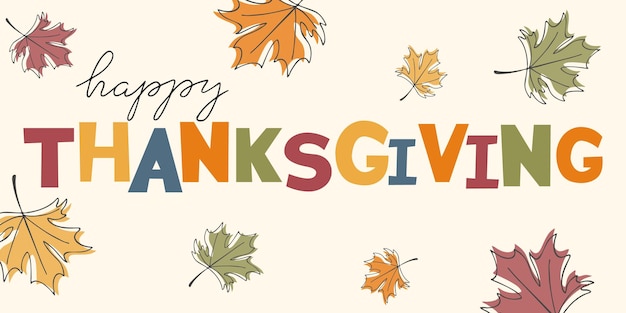 Feliz Día de Acción de Gracias Fondo de saludo de otoño colorido Estilo de garabato lineal