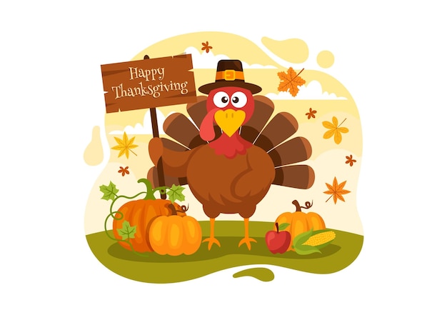 Feliz día de acción de gracias ilustración vectorial con hojas de calabaza de pájaro pavo y muchos otros elementos