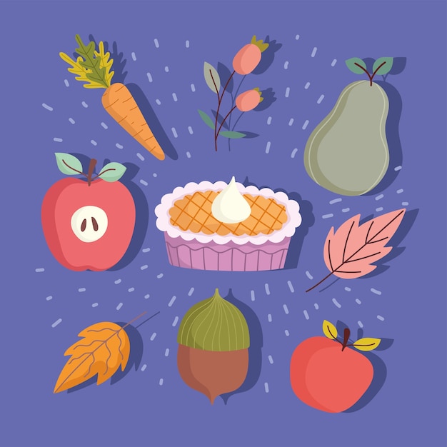 Feliz día de acción de gracias pastel manzana pera zanahoria bellota hoja de otoño