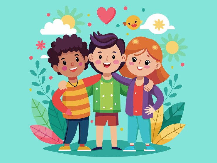 Vector feliz día de la amistad ilustración de dibujos animados con niños y niñas poniendo sus manos en estilo plano