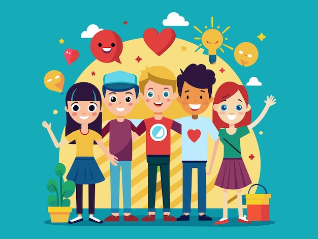 Feliz Día de la Amistad Ilustración de dibujos animados con niños y niñas poniendo sus manos en estilo plano