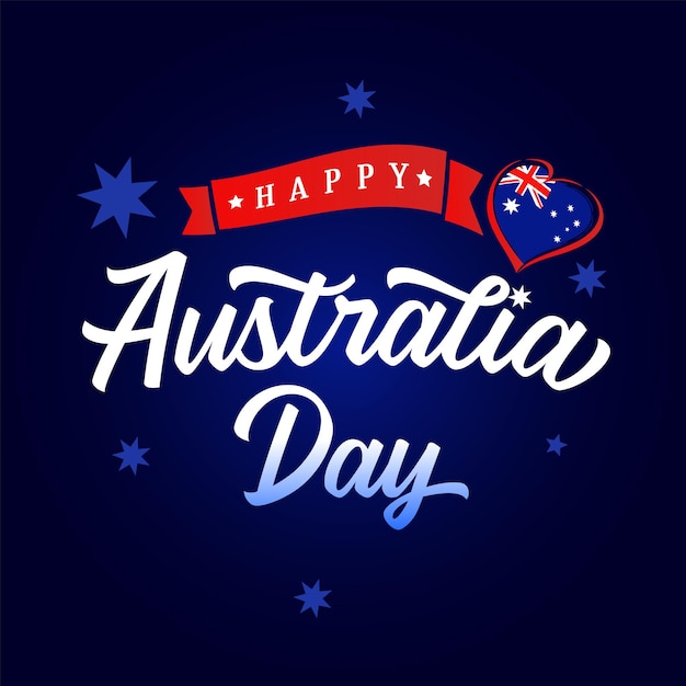 Feliz Día de Australia, caligrafía y corazón de bandera, estandarte de vacaciones. ilustración vectorial Felicidades idea.