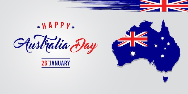 Feliz día de australia letras, caligrafía. mapa de australia con bandera. vector premium