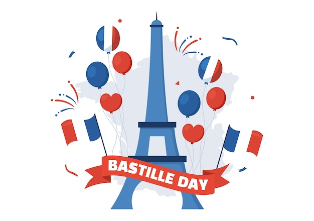 Feliz Día de la Bastilla el 14 de julio Ilustración vectorial con bandera francesa y Torre Eiffel en plantillas