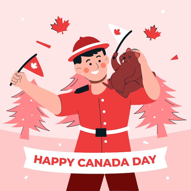 Feliz día de canadá con ilustración de hombre y castor