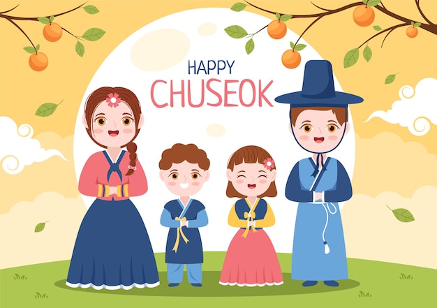 Feliz día de Chuseok en Corea para el Día de Acción de Gracias en ilustración plana de dibujos animados