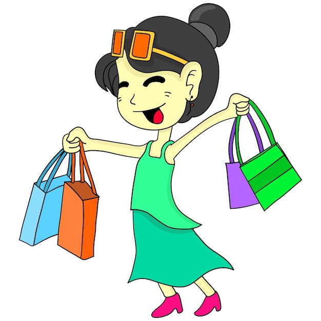 Feliz día de compras de niña. etiqueta engomada linda de la ilustración de dibujos animados