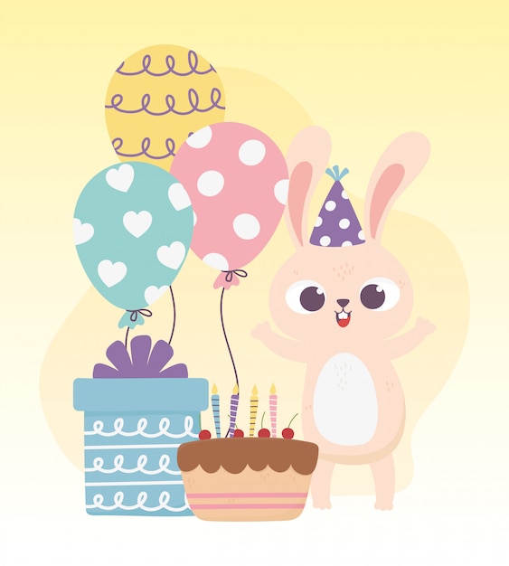 Feliz día, conejo con sombrero de fiesta y pastel de regalo globos ilustración