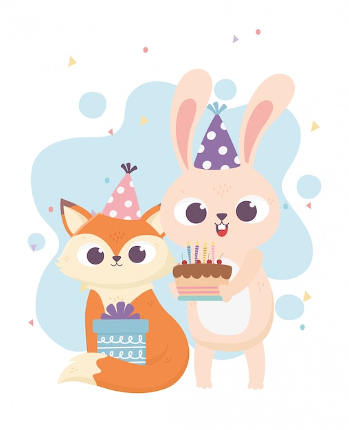 feliz día, conejo de zorro con pastel de sombrero de fiesta e ilustración de regalo