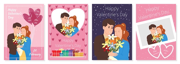 Feliz día de los enamorados juego de tarjetas, carteles, postales con la imagen de una feliz pareja romántica enamorada en formato a4.