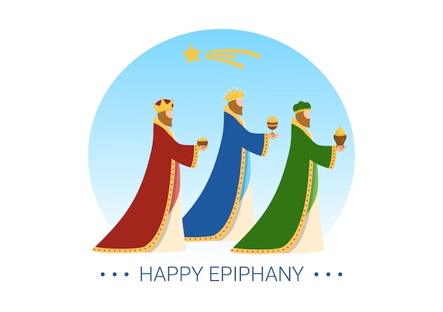 Feliz día de la epifanía plantilla dibujado a mano dibujos animados ilustración plana diseño de festival cristiano
