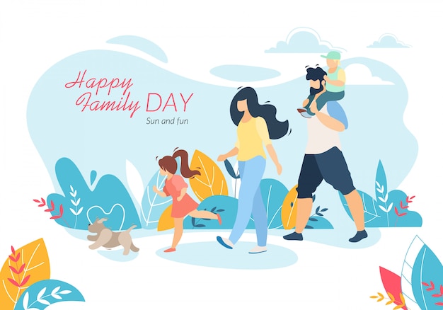 Feliz día de la familia banner horizontal, madre, padre, hija e hijo caminando con mascota