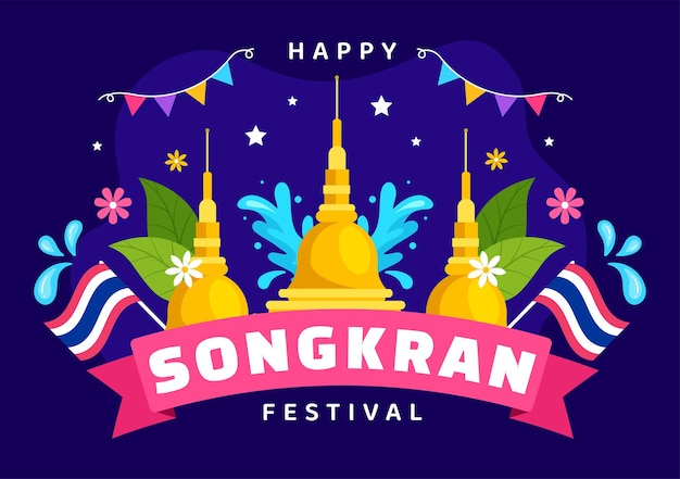Feliz día del Festival de Songkran Ilustración vectorial con niños jugando a la pistola de agua en Tailandia Celebración