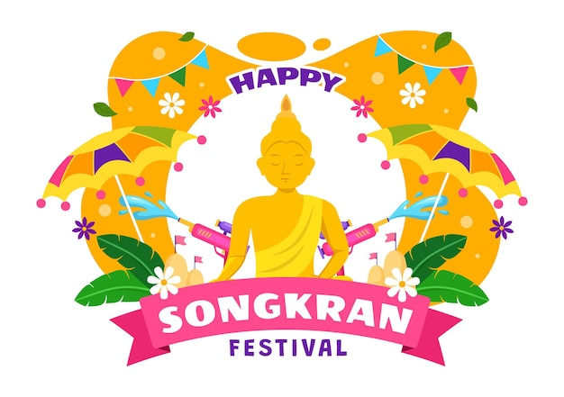 Feliz día del Festival de Songkran Ilustración vectorial con niños jugando a la pistola de agua en Tailandia Celebración