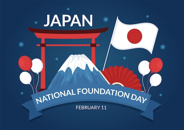 Feliz Día de la Fundación Nacional de Japón el 11 de febrero con monumentos japoneses y bandera en la ilustración