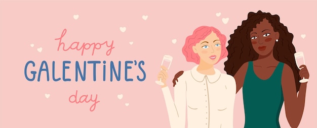 Feliz día de Galentines vector tarjeta banner mujeres jóvenes amigas están bebiendo vino ilustración