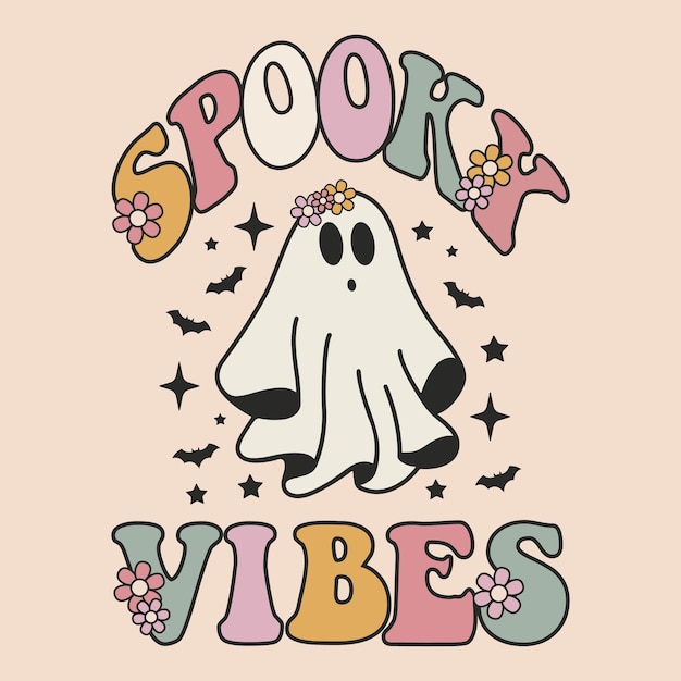 Feliz día de Halloween Años 70 vector maravilloso Fantasma de halloween espeluznante Espíritu fantasma volador con cara de miedo