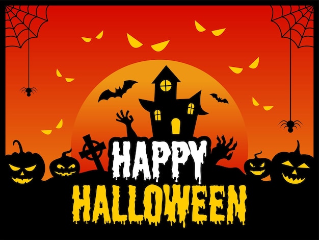 Feliz día de Halloween con una calabaza y una ilustración de vector de casa aterradora