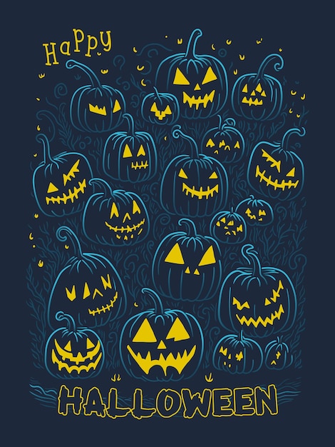 Feliz día de Halloween calabazas doodle línea ilustración