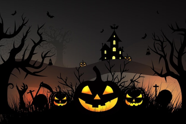 Feliz día de Halloween plantilla de diseño de estandarte de fondo realista con calabazas murciélagos árbol casa fantasma