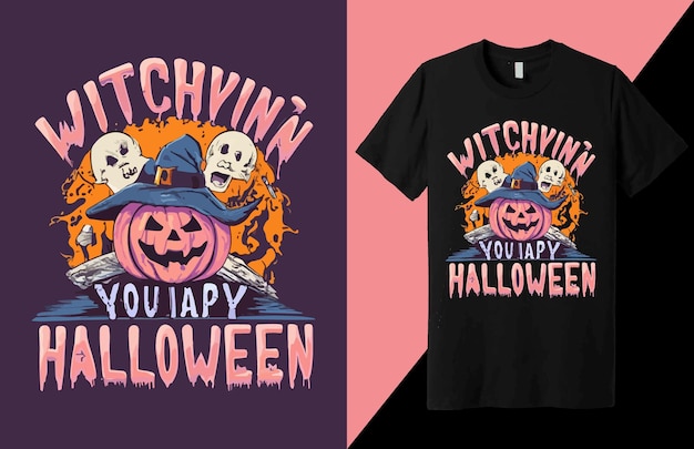 Feliz día de Halloween con tema de cuerno, diablo, calavera, calabaza, vampiros, murciélagos, diseño de camiseta de estilo vectorial