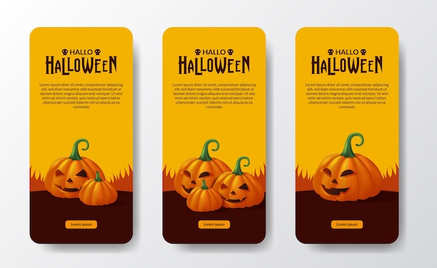 Feliz día de halloween trick or treat poster banner historias de redes sociales con 3d jack of lantern pumpkin monster orange